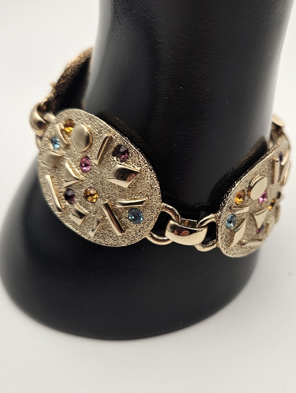Vintage Sarah Coventry Gold Tone Multi Color Rhinestone Abstract Link Bracelet